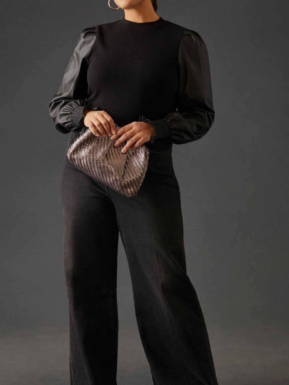 Anthro Dolan Black Faux Leather Puff Sleeve Top Rib Knit Size S Dark Romance
